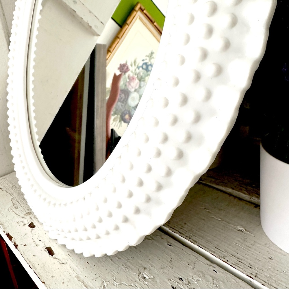 Vintage Wall Oval Mirror Milk Glass Look Hob Nails Plastic White Frame 17.5x15” - Picture 4 of 9